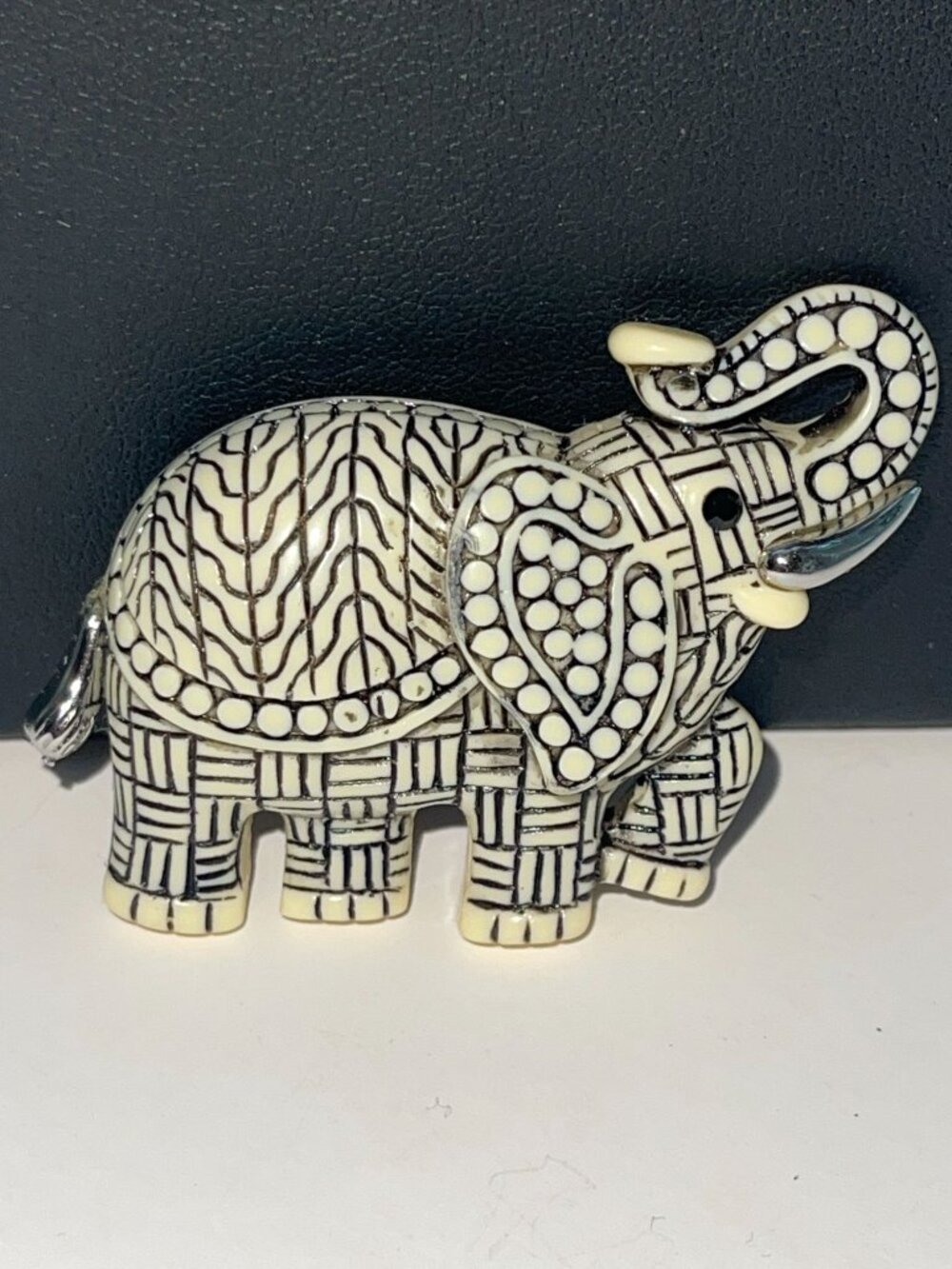 Vintage Carved Elephant Brooch Pin With Silver Tusk & Tail Accents 2.5" X 1.875"